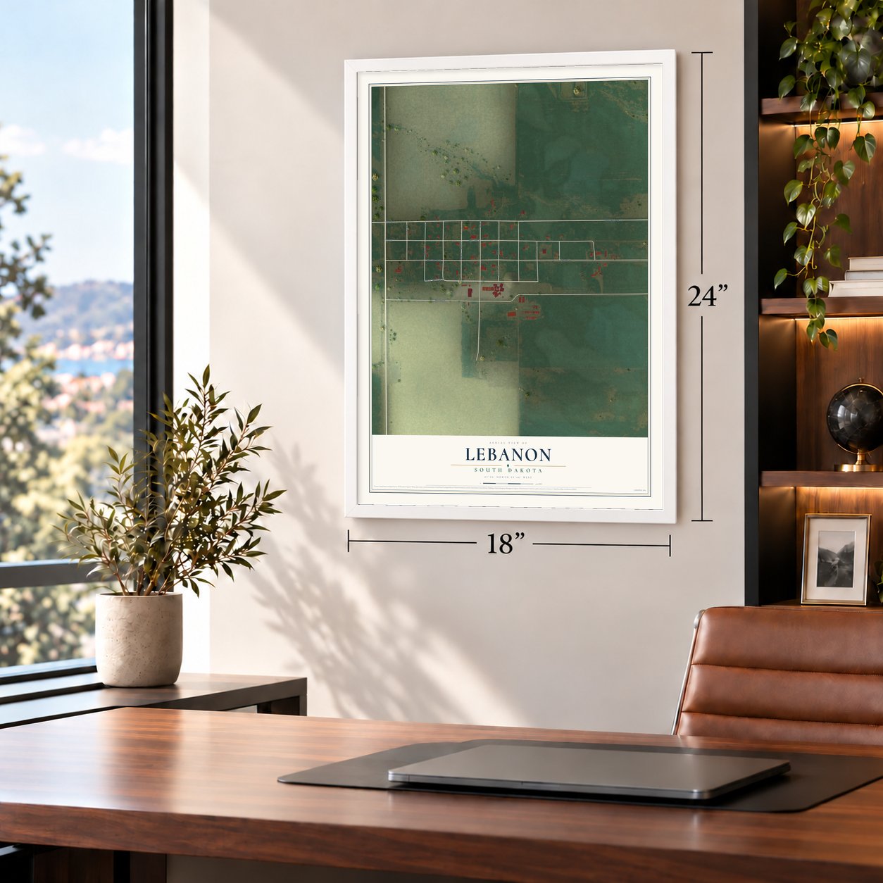 Lebanon, South Dakota map, 18 x 24 inch print in a white frame in a home office