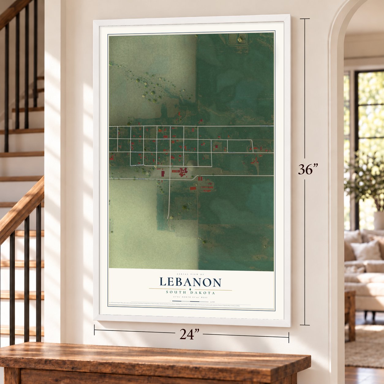 Lebanon, South Dakota map, 24 x 36 inch print in a white frame by a staircase
