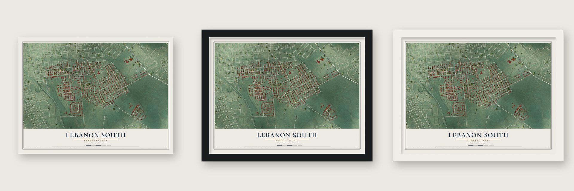 Lebanon South, Pennsylvania map unframed, in a black wood frame and in a white wood frame