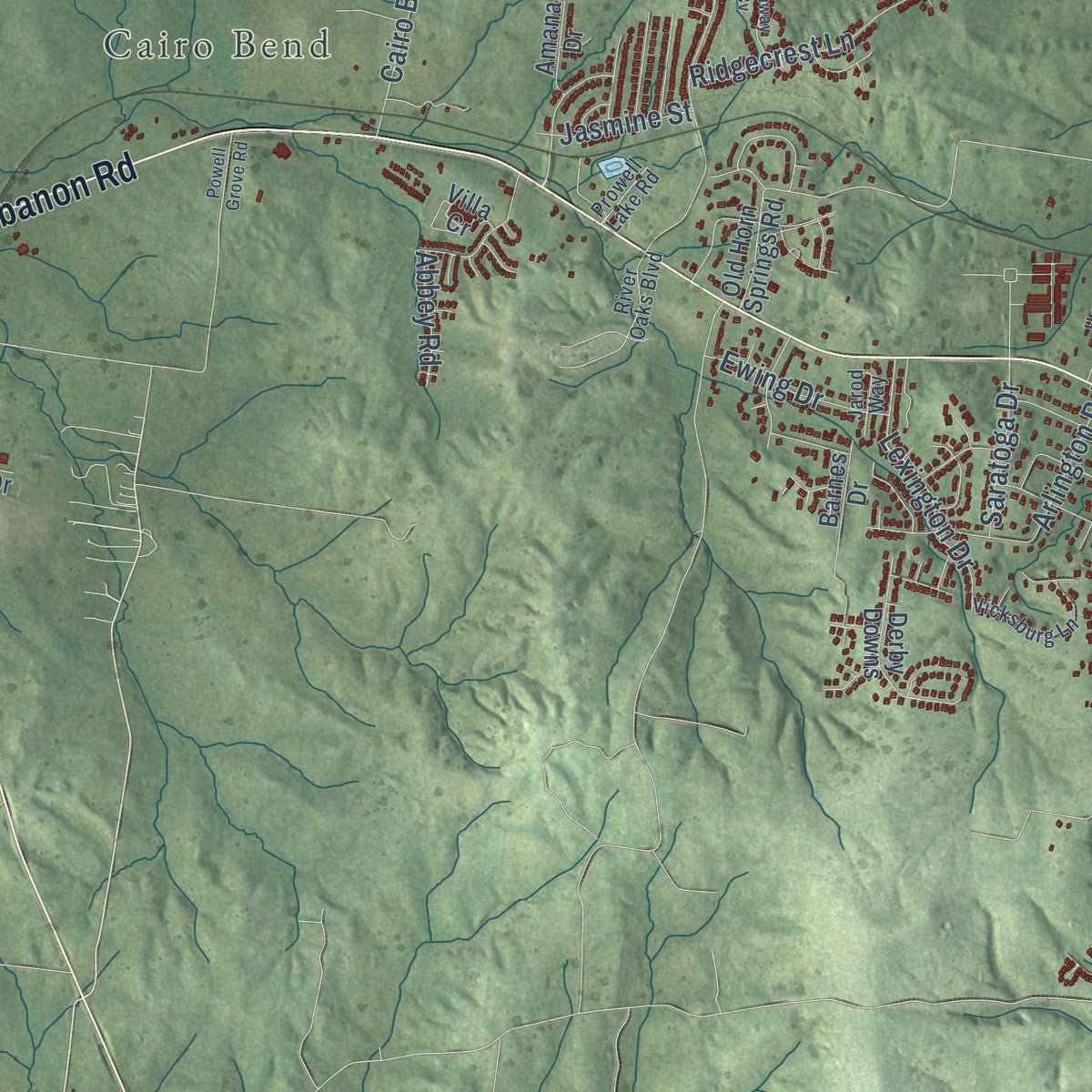 Second close-up of the map of Lebanon, Tennessee print showing more streets and buildings