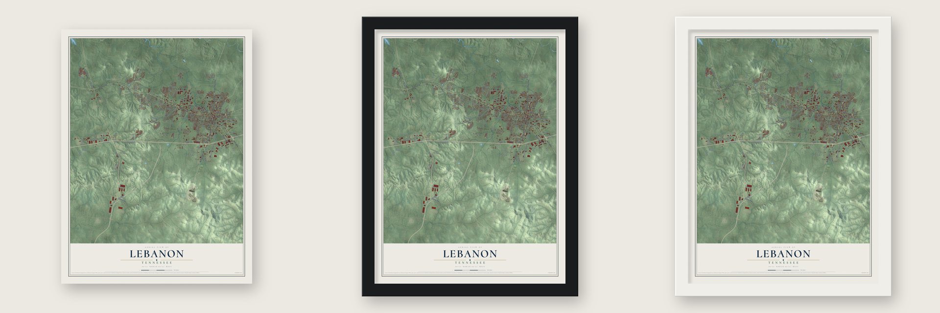 Lebanon, Tennessee map unframed, in a black wood frame and in a white wood frame