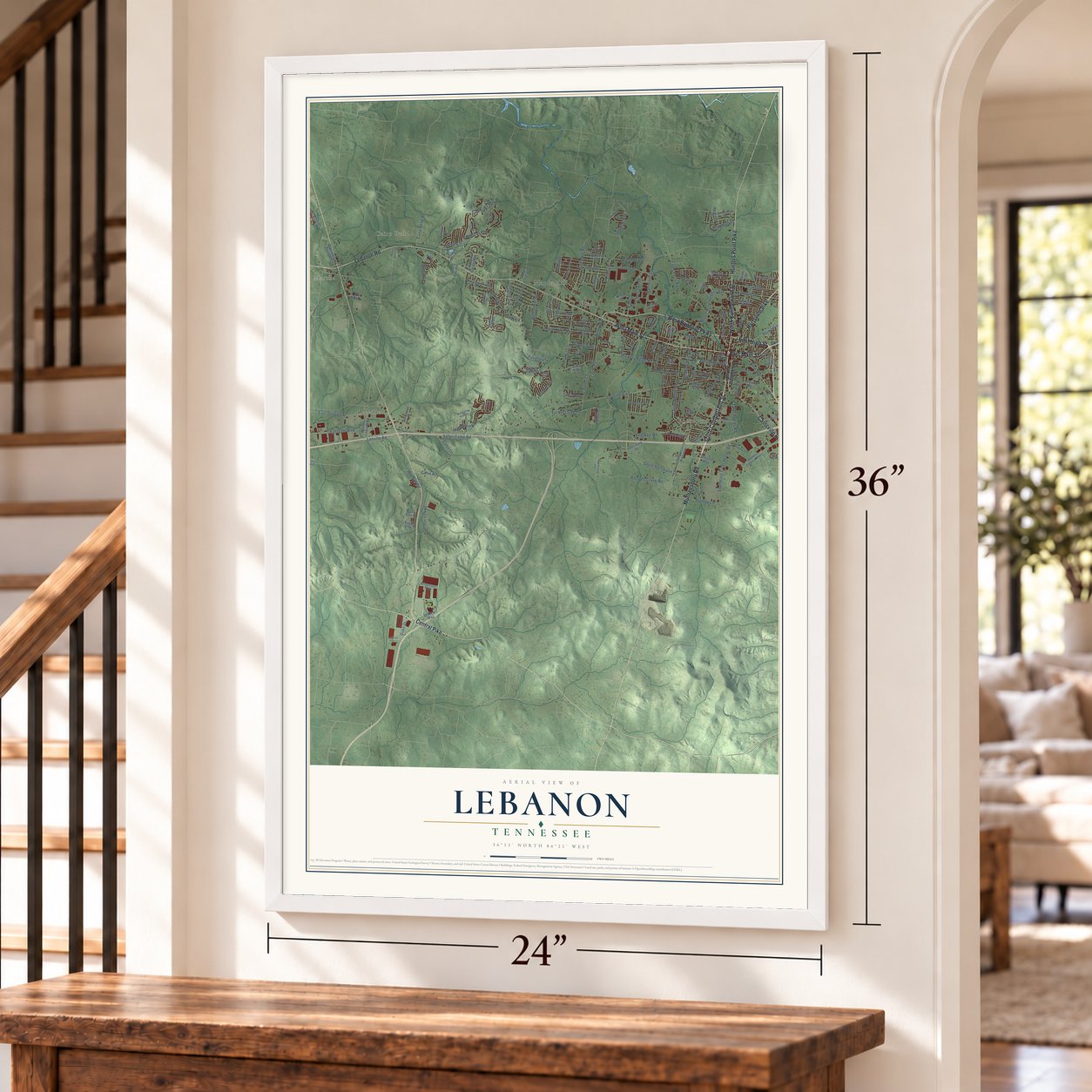 Lebanon, Tennessee map, 24 x 36 inch print in a white frame by a staircase