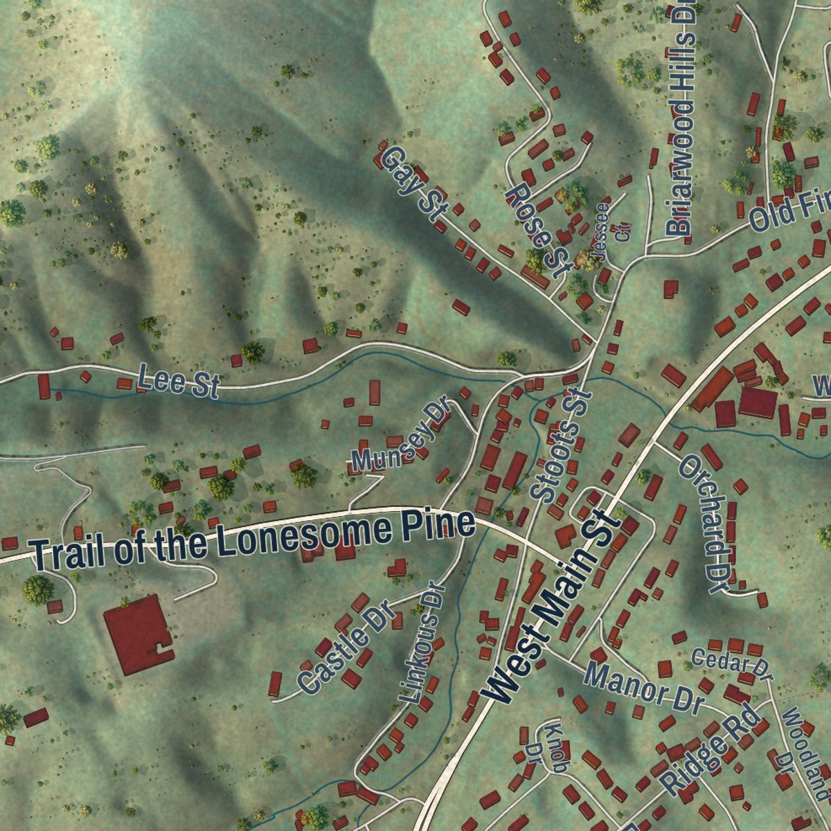Second close-up of the map of Lebanon, Virginia print showing more streets and buildings