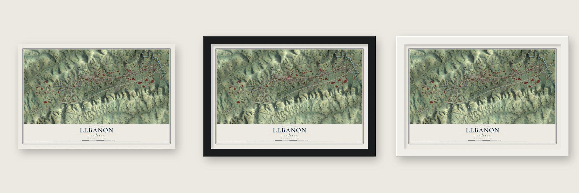 Lebanon, Virginia map unframed, in a black wood frame and in a white wood frame