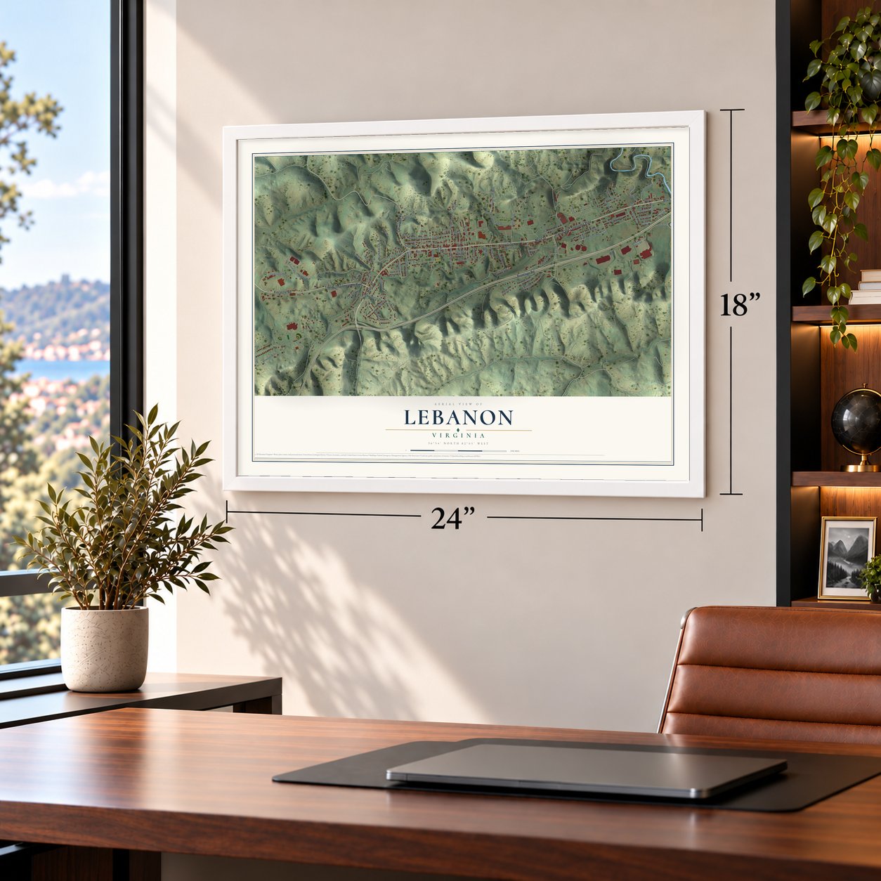 Lebanon, Virginia map, 18 x 24 inch print in a white frame in a home office