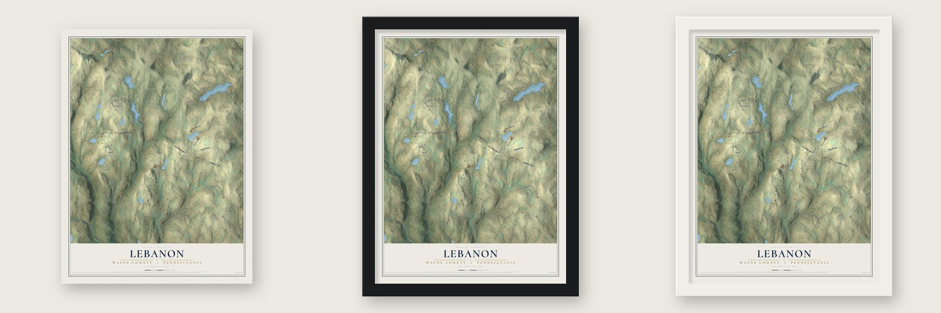 Lebanon, Wayne County, Pennsylvania map unframed, in a black wood frame and in a white wood frame