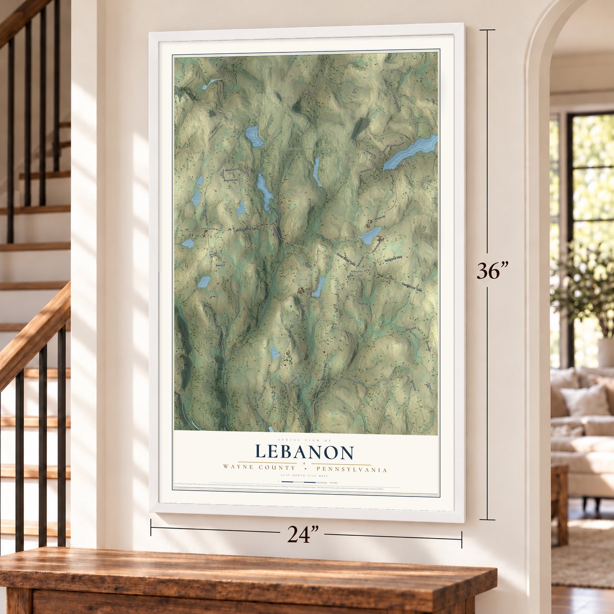 Lebanon, Wayne County, Pennsylvania map, 24 x 36 inch print in a white frame by a staircase