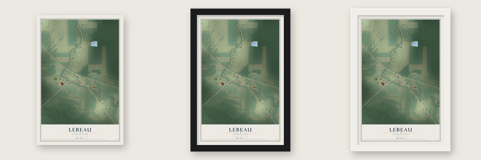 Lebeau, Louisiana map unframed, in a black wood frame and in a white wood frame