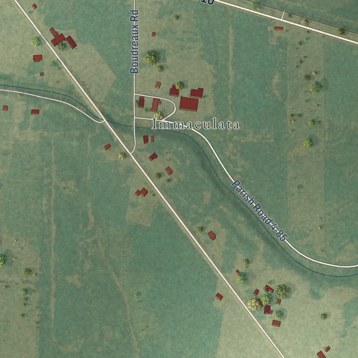 Second close-up of the map of Lebeau, Louisiana print showing more streets and buildings