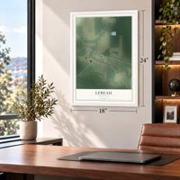 Lebeau, Louisiana map, 18 x 24 inch print in a white frame in a home office
