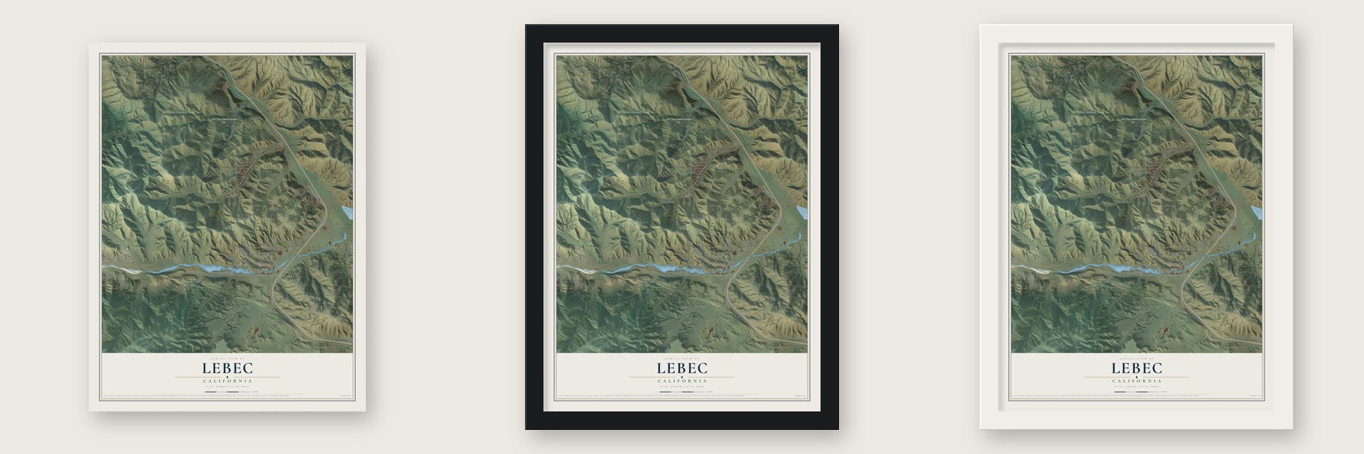 Lebec, California map unframed, in a black wood frame and in a white wood frame