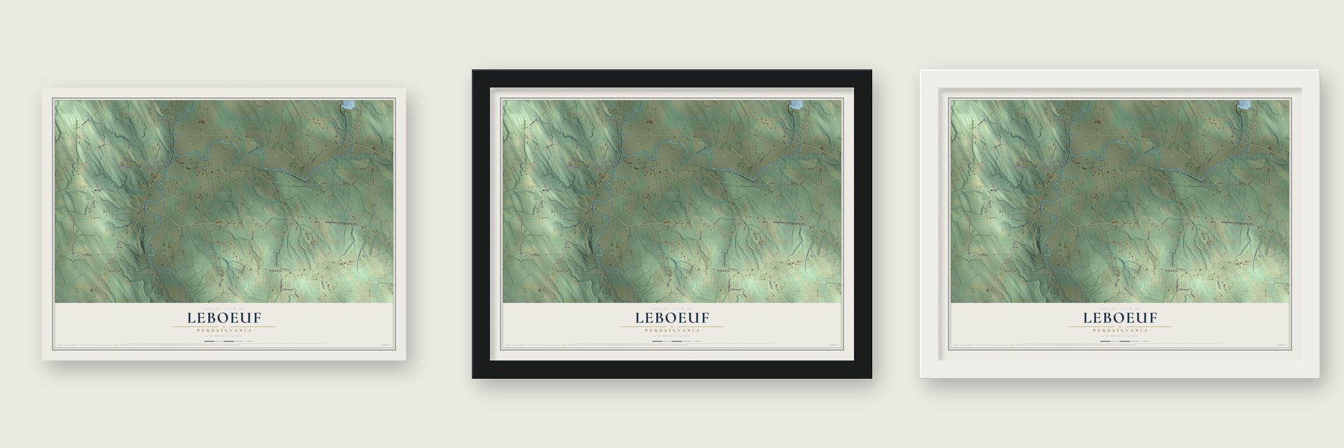 LeBoeuf, Pennsylvania map unframed, in a black wood frame and in a white wood frame