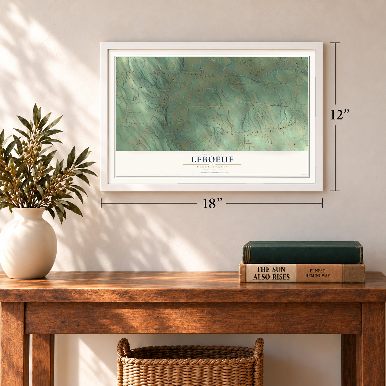 LeBoeuf, Pennsylvania map, 12 x 18 inch print in a white frame in an entryway