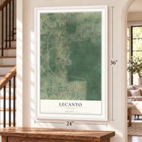Lecanto, Florida map, 24 x 36 inch print in a white frame by a staircase
