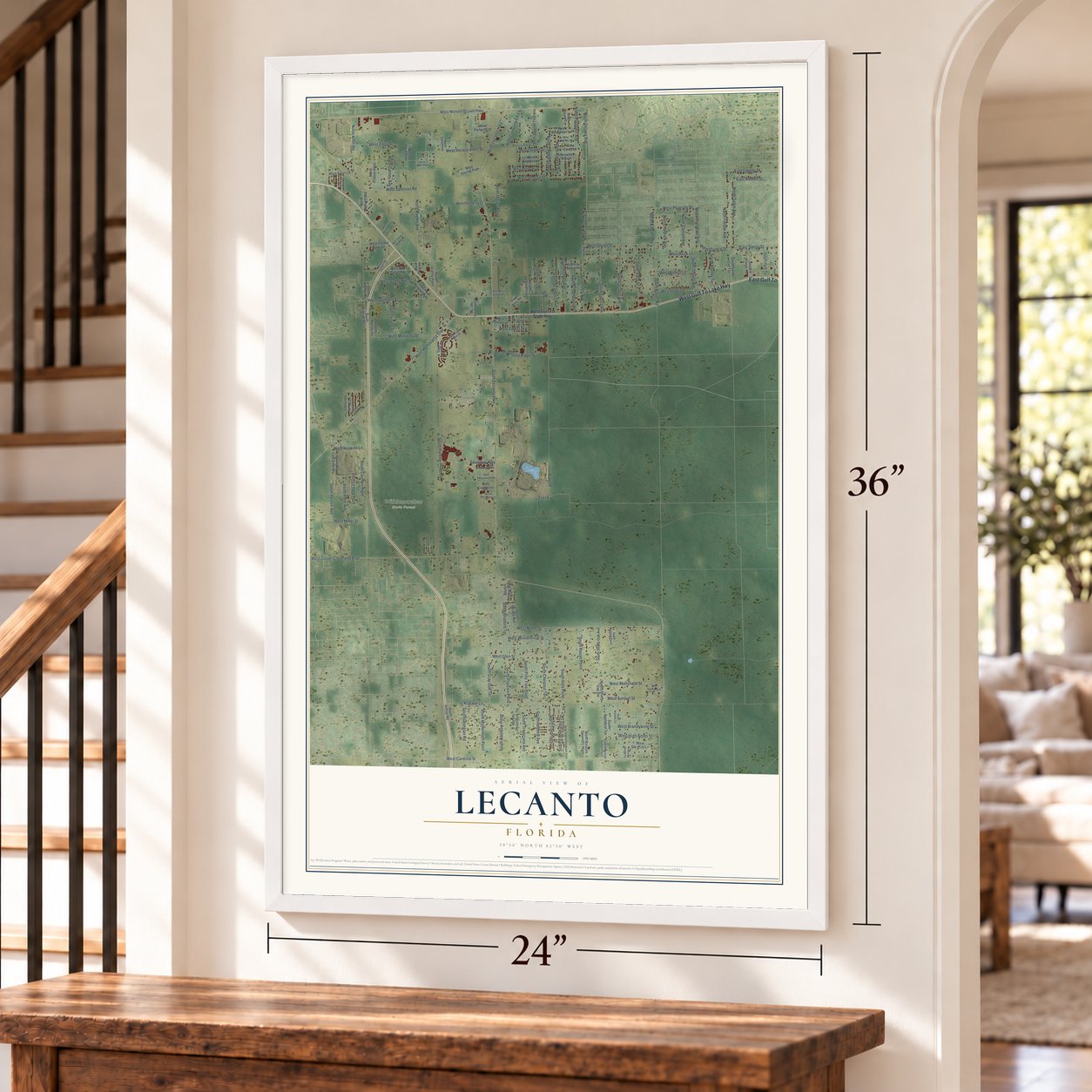 Lecanto, Florida map, 24 x 36 inch print in a white frame by a staircase