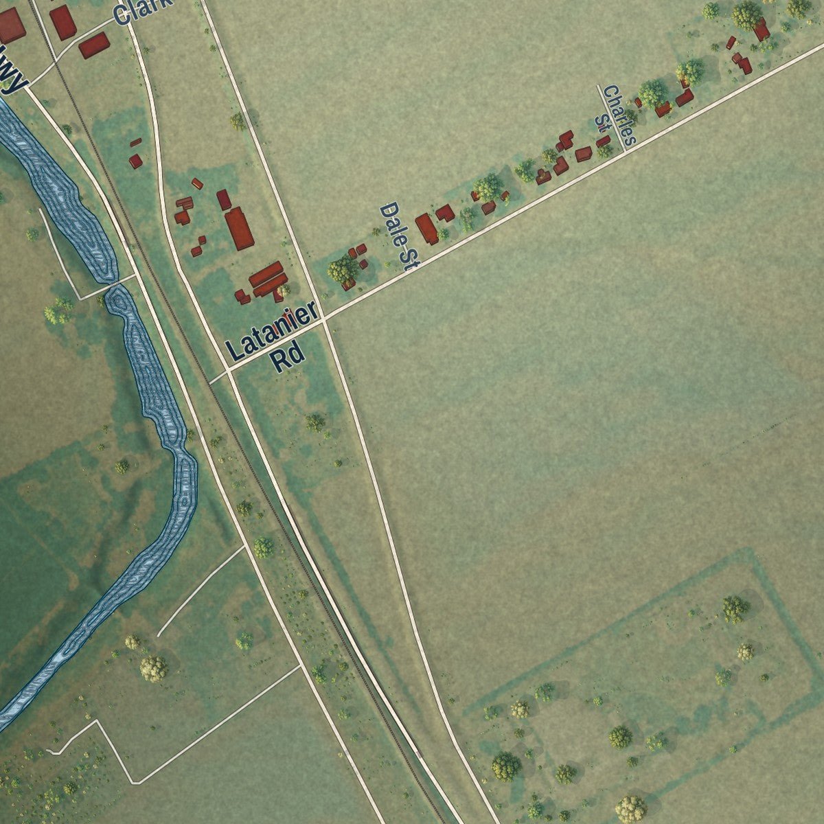 Second close-up of the map of Lecompte, Louisiana print showing more streets and buildings