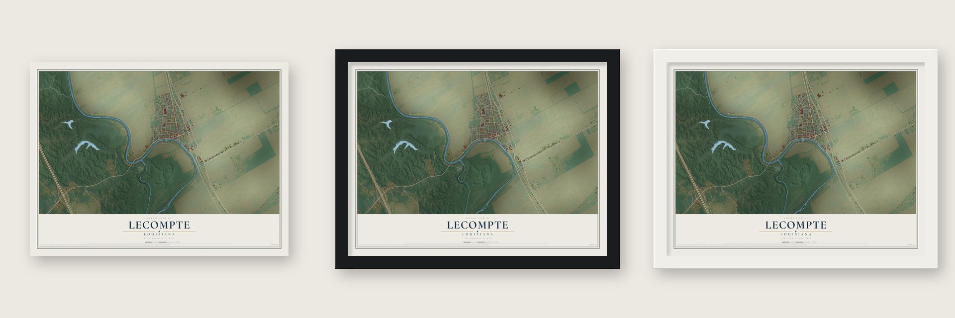 Lecompte, Louisiana map unframed, in a black wood frame and in a white wood frame