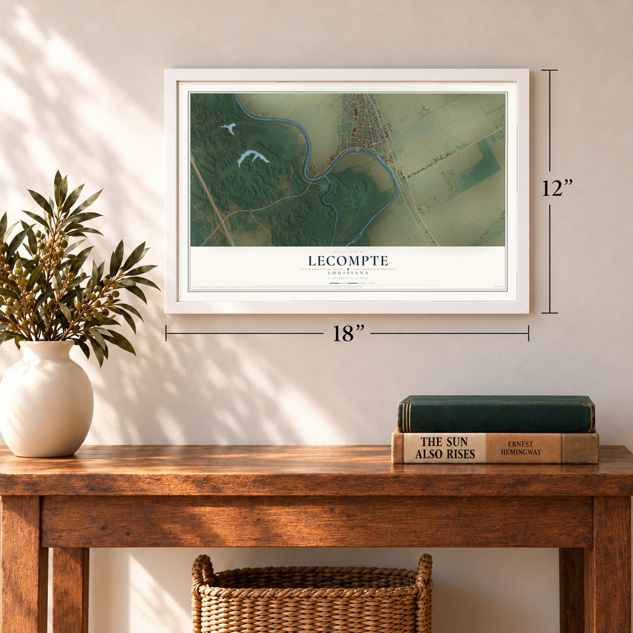 Lecompte, Louisiana map, 12 x 18 inch print in a white frame in an entryway
