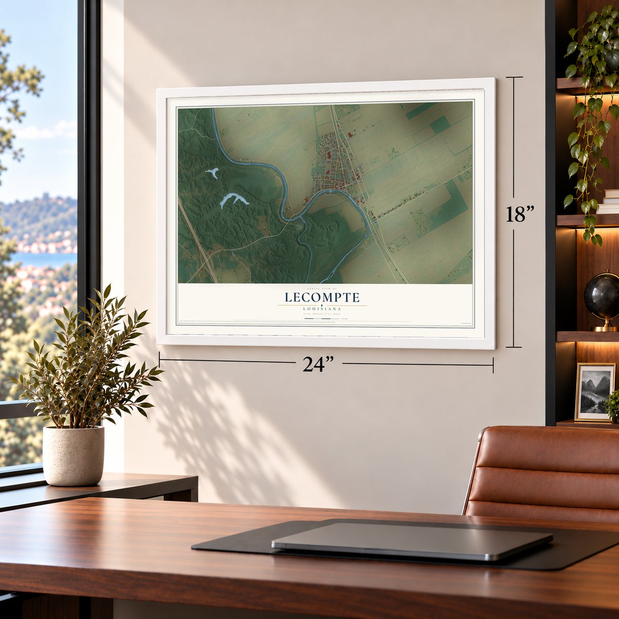 Lecompte, Louisiana map, 18 x 24 inch print in a white frame in a home office