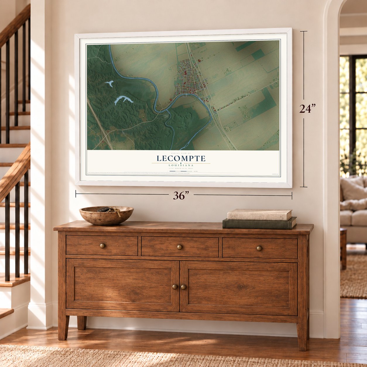 Lecompte, Louisiana map, 24 x 36 inch print in a white frame above a dresser by a staircase