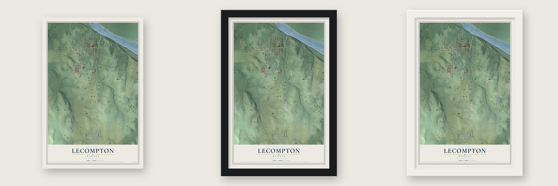 Lecompton, Kansas map unframed, in a black wood frame and in a white wood frame