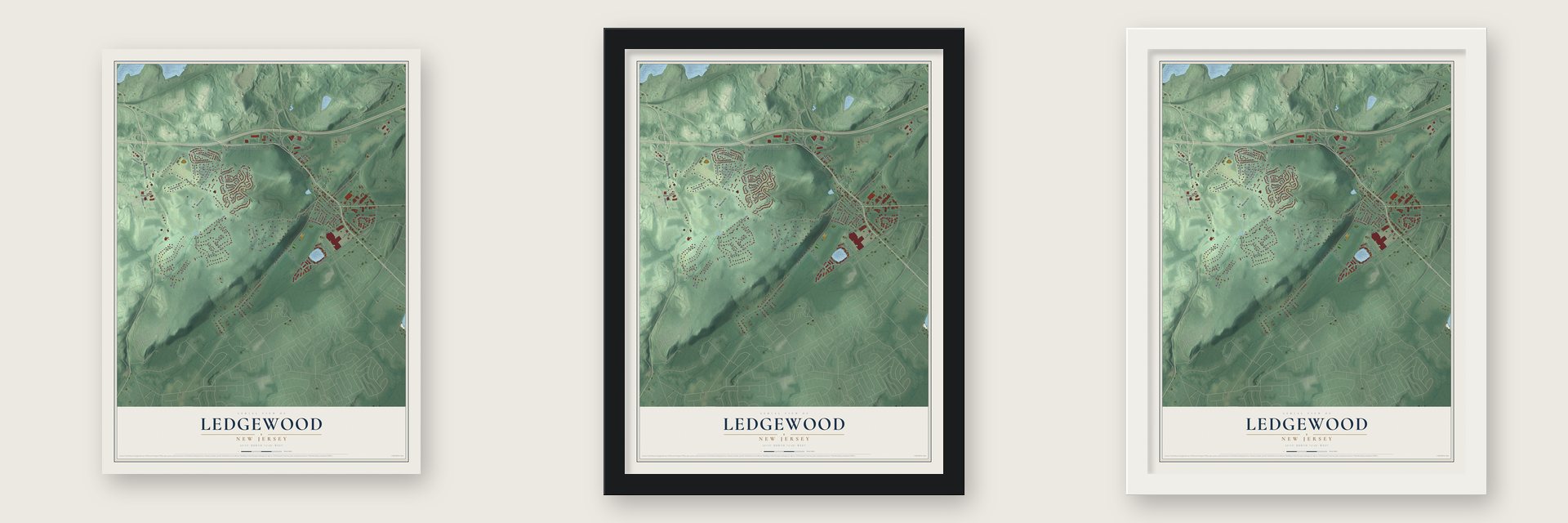 Ledgewood, New Jersey map unframed, in a black wood frame and in a white wood frame