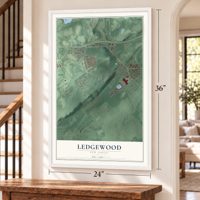 Ledgewood, New Jersey map, 24 x 36 inch print in a white frame by a staircase