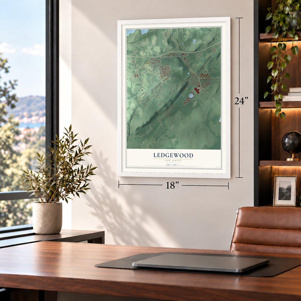 Ledgewood, New Jersey map, 18 x 24 inch print in a white frame in a home office