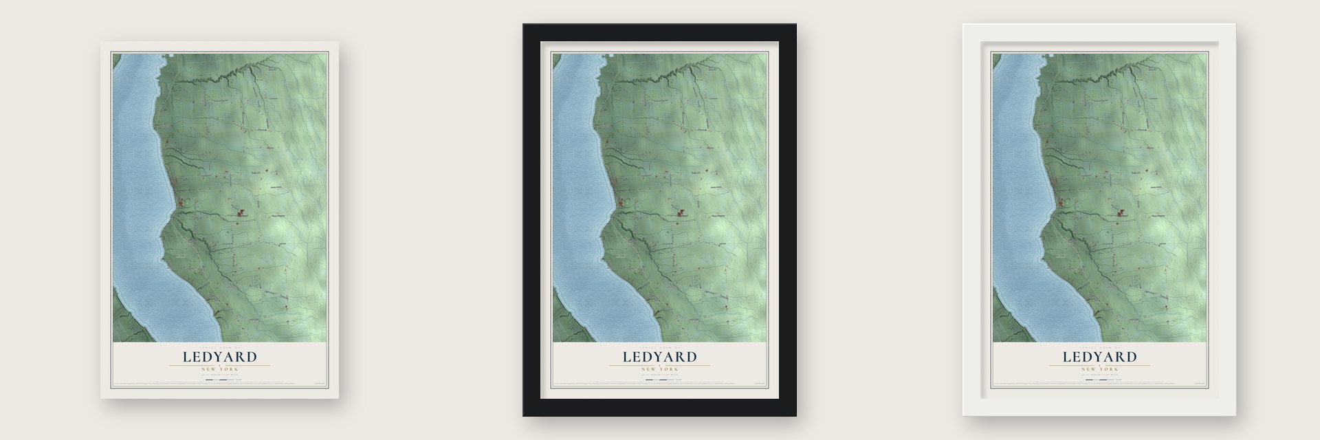 Ledyard, New York map unframed, in a black wood frame and in a white wood frame