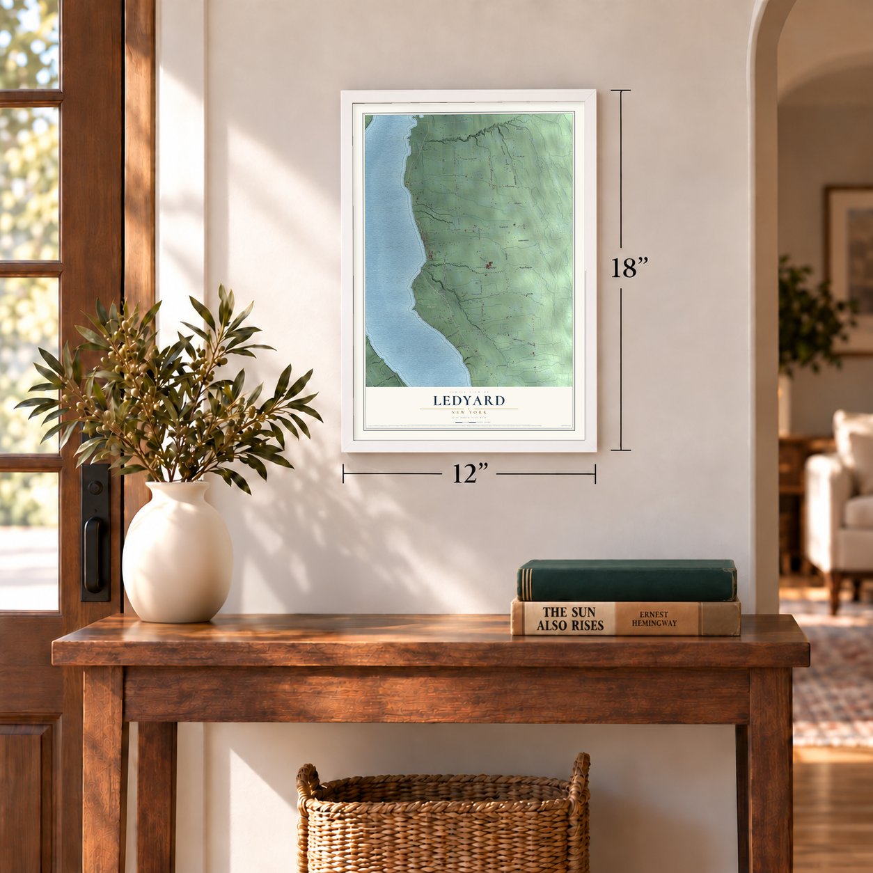 Ledyard, New York map, 12 x 18 inch print in a white frame in an entryway