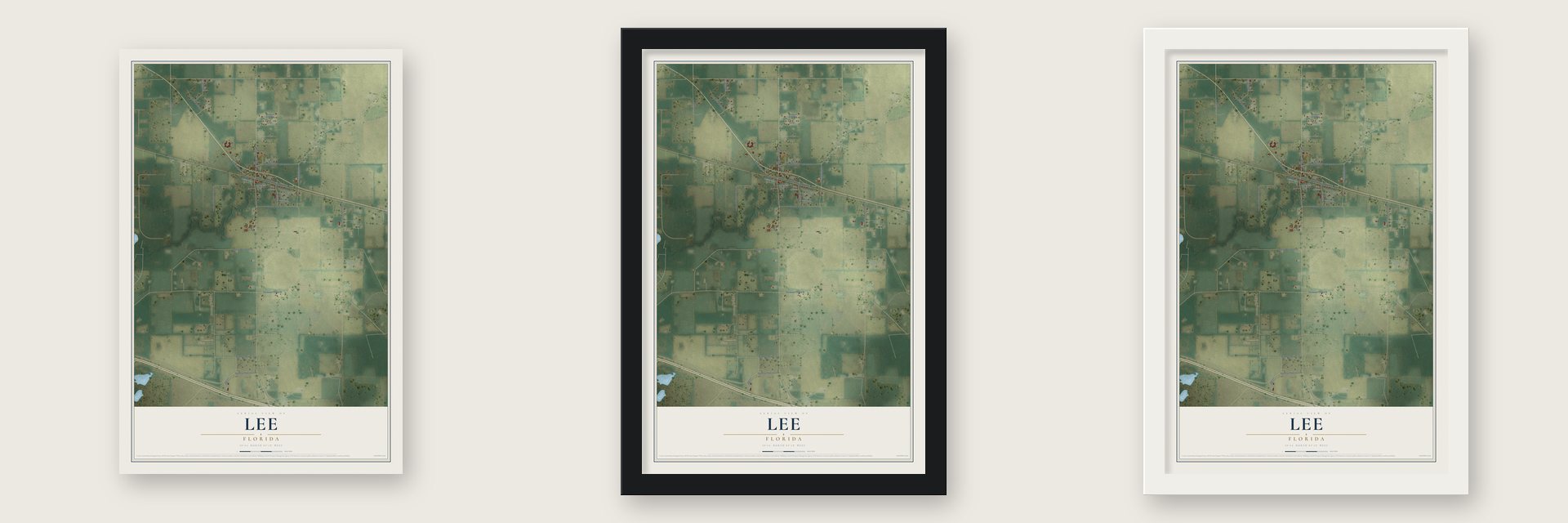 Lee, Florida map unframed, in a black wood frame and in a white wood frame