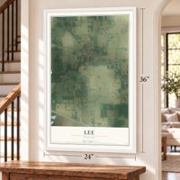 Lee, Florida map, 24 x 36 inch print in a white frame by a staircase