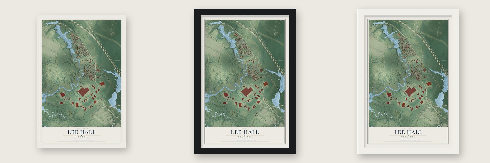 Lee Hall, Virginia map unframed, in a black wood frame and in a white wood frame