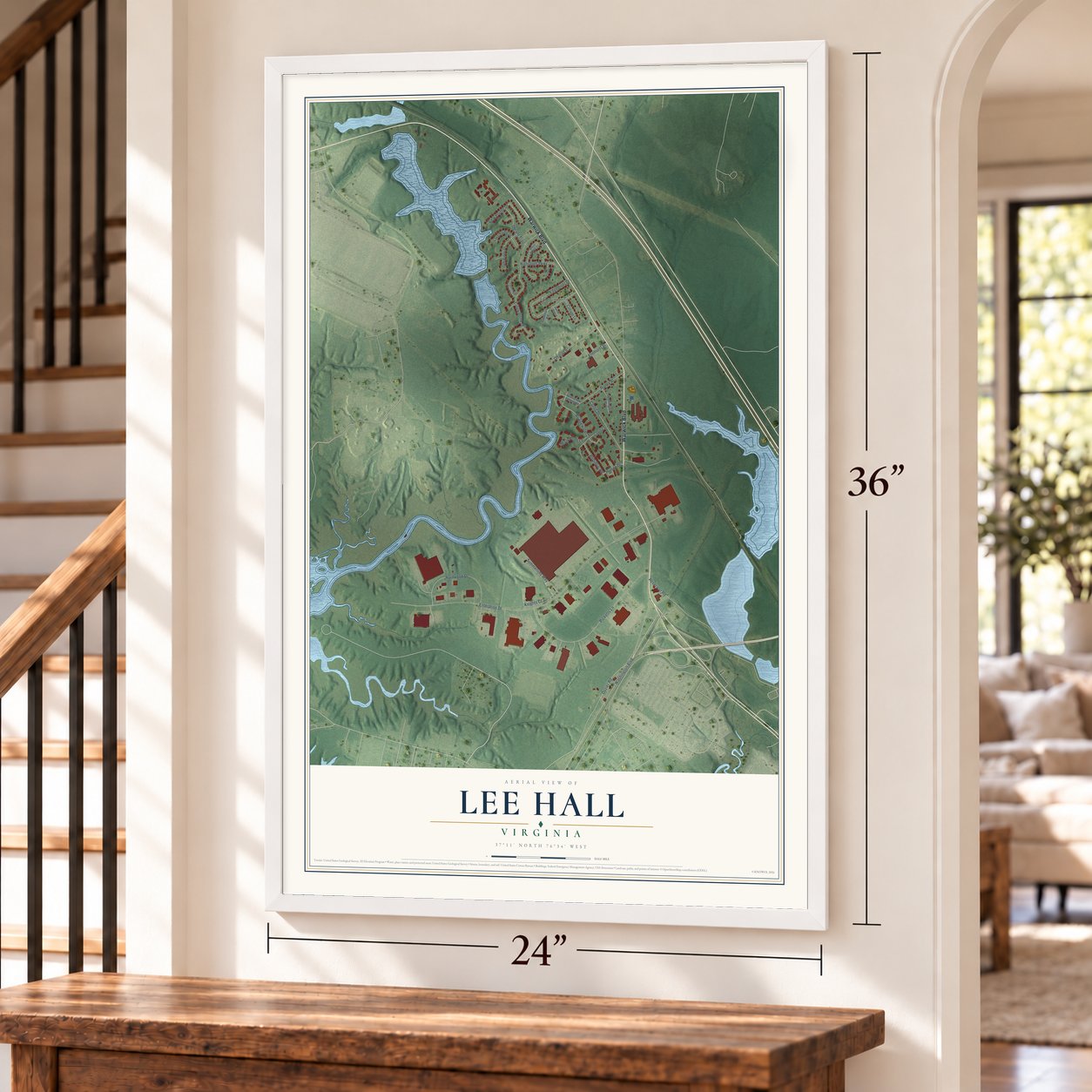 Lee Hall, Virginia map, 24 x 36 inch print in a white frame by a staircase