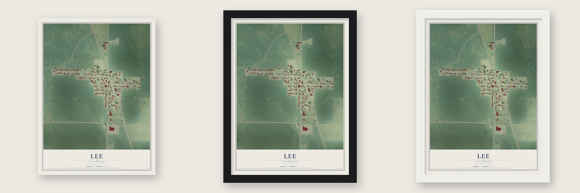 Lee, Illinois map unframed, in a black wood frame and in a white wood frame