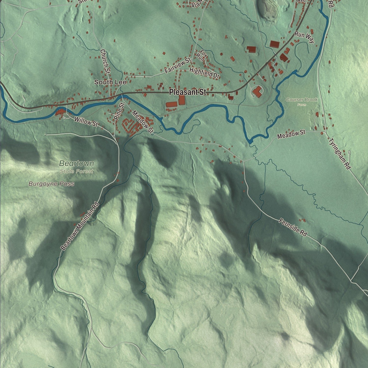 Close-up of the map of Lee, Massachusetts print showing terrain and local geography