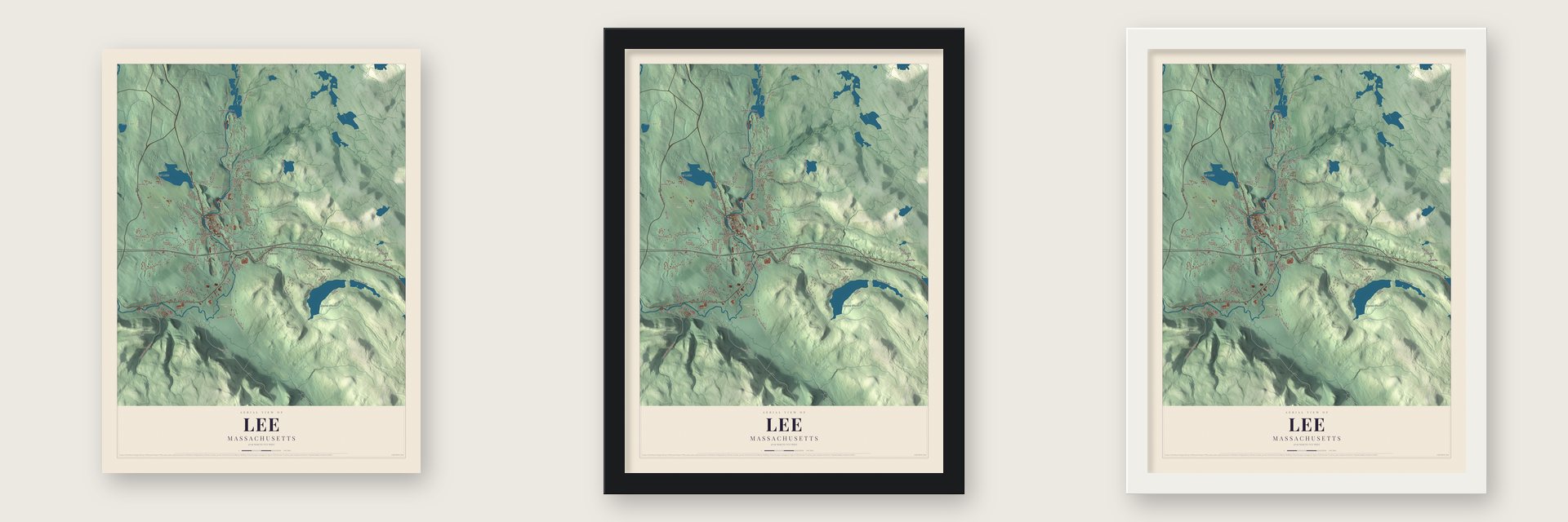 Lee, Massachusetts map unframed, in a black wood frame and in a white wood frame