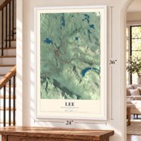 Lee, Massachusetts map, 24 x 36 inch print in a white frame by a staircase