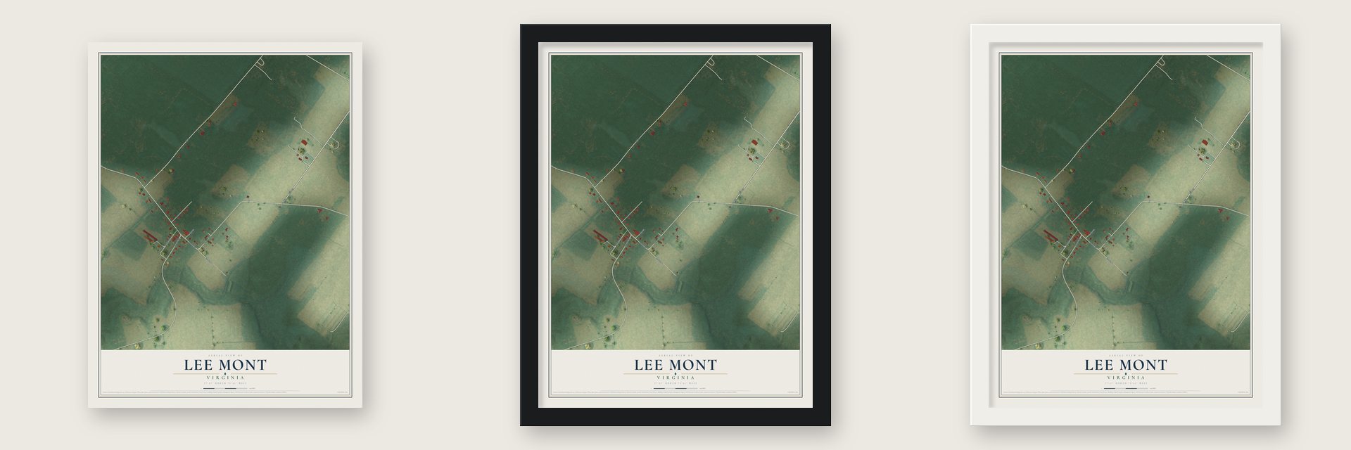Lee Mont, Virginia map unframed, in a black wood frame and in a white wood frame
