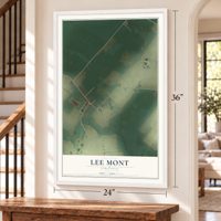 Lee Mont, Virginia map, 24 x 36 inch print in a white frame by a staircase