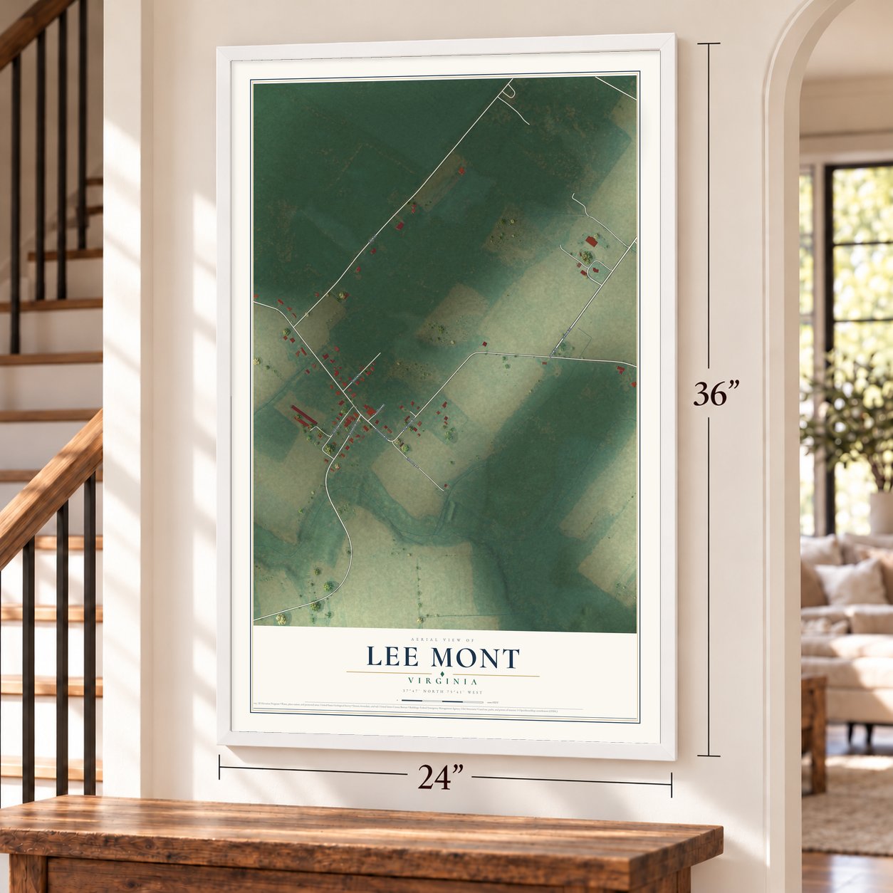 Lee Mont, Virginia map, 24 x 36 inch print in a white frame by a staircase