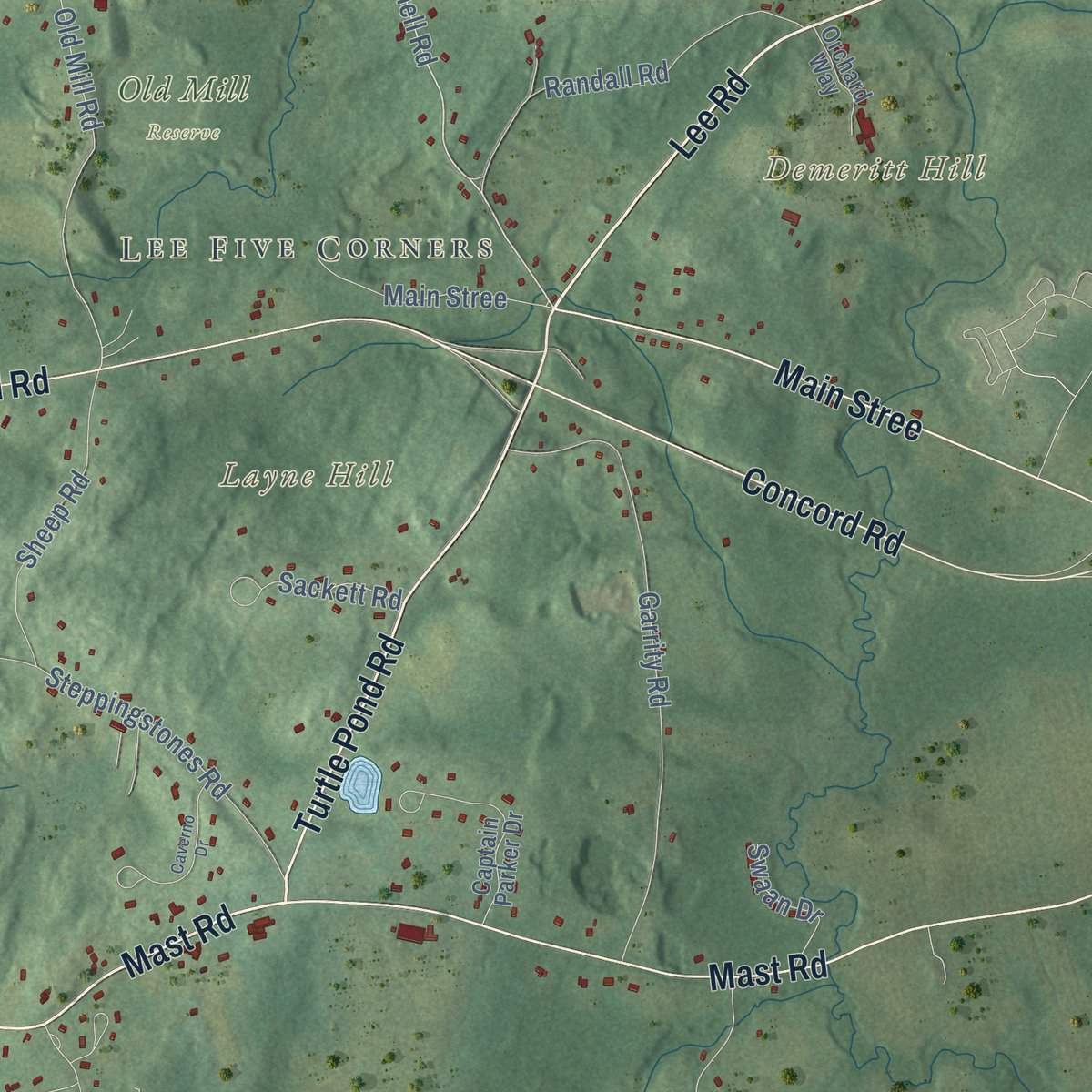 Second close-up of the map of Lee, New Hampshire print showing more streets and buildings