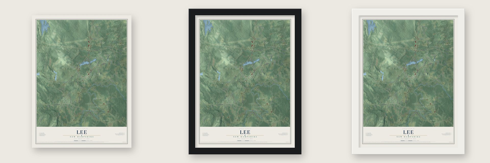 Lee, New Hampshire map unframed, in a black wood frame and in a white wood frame