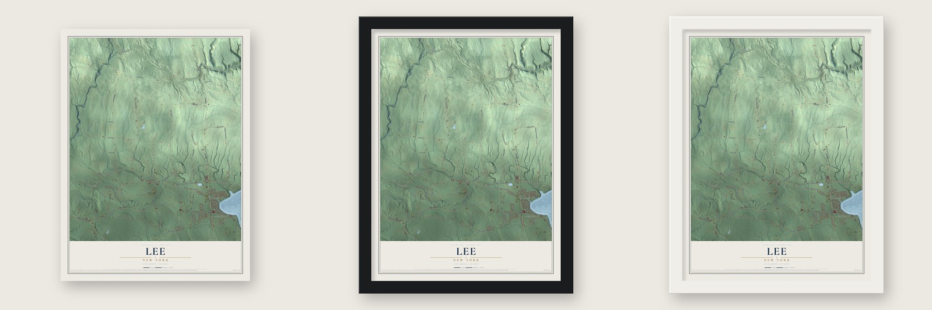 Lee, New York map unframed, in a black wood frame and in a white wood frame