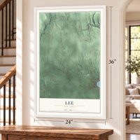 Lee, New York map, 24 x 36 inch print in a white frame by a staircase