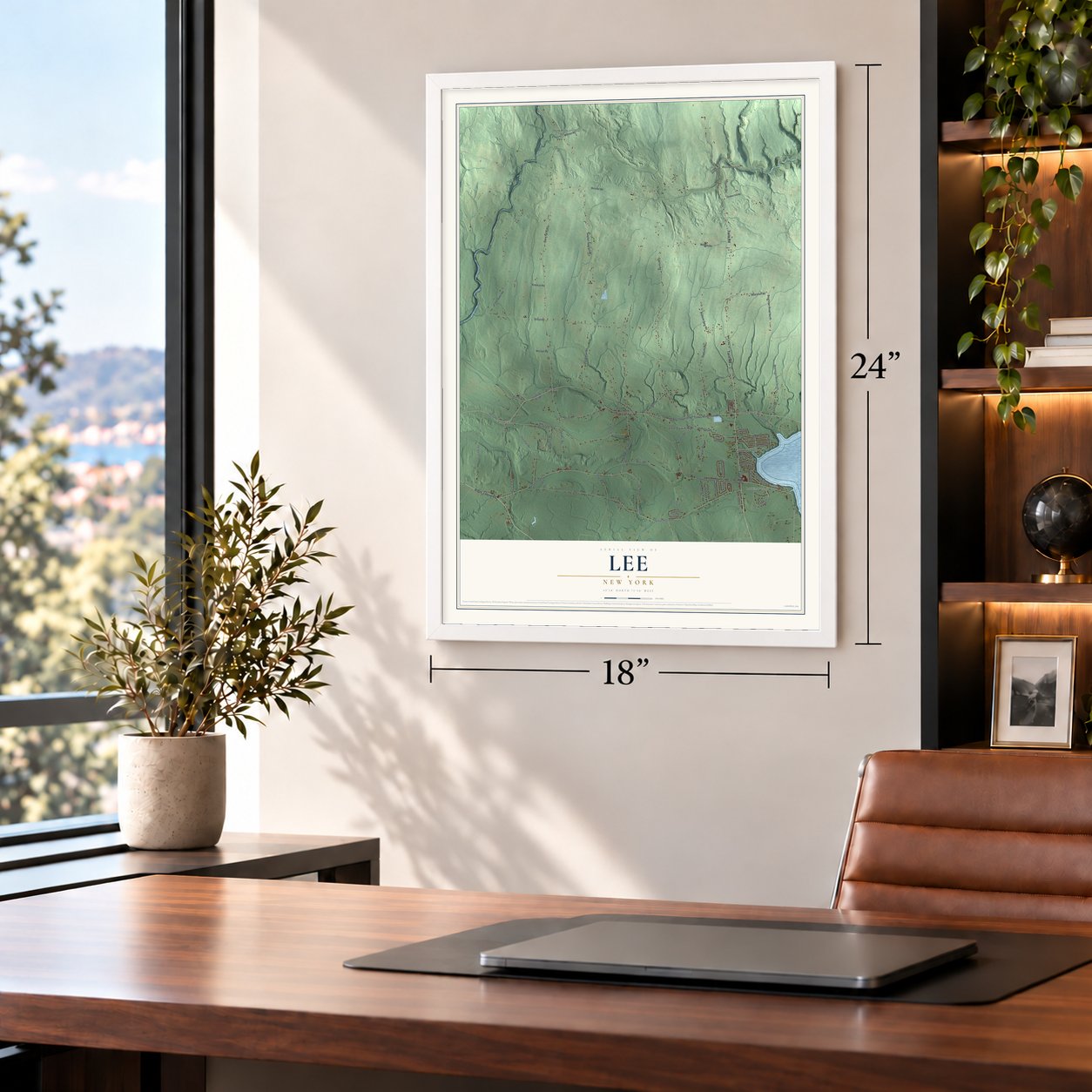 Lee, New York map, 18 x 24 inch print in a white frame in a home office