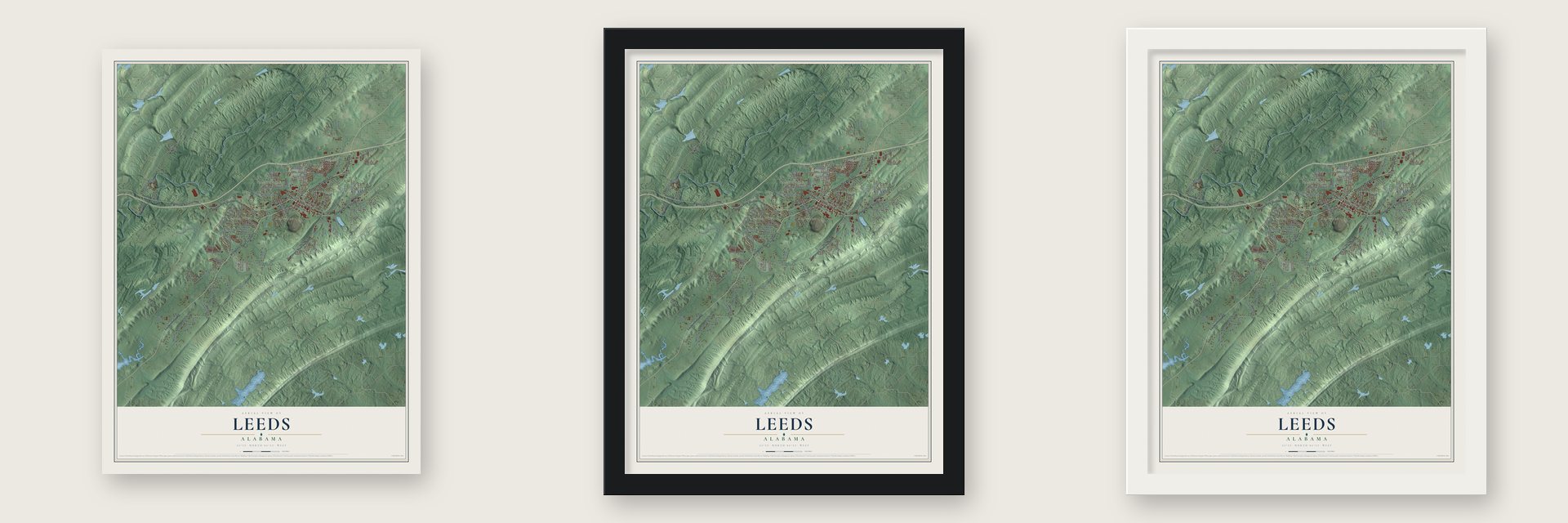 Leeds, Alabama map unframed, in a black wood frame and in a white wood frame