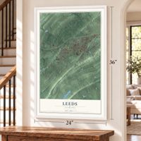 Leeds, Alabama map, 24 x 36 inch print in a white frame by a staircase
