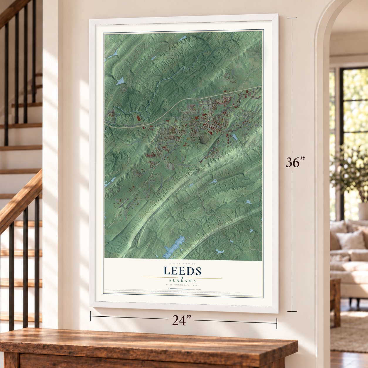 Leeds, Alabama map, 24 x 36 inch print in a white frame by a staircase