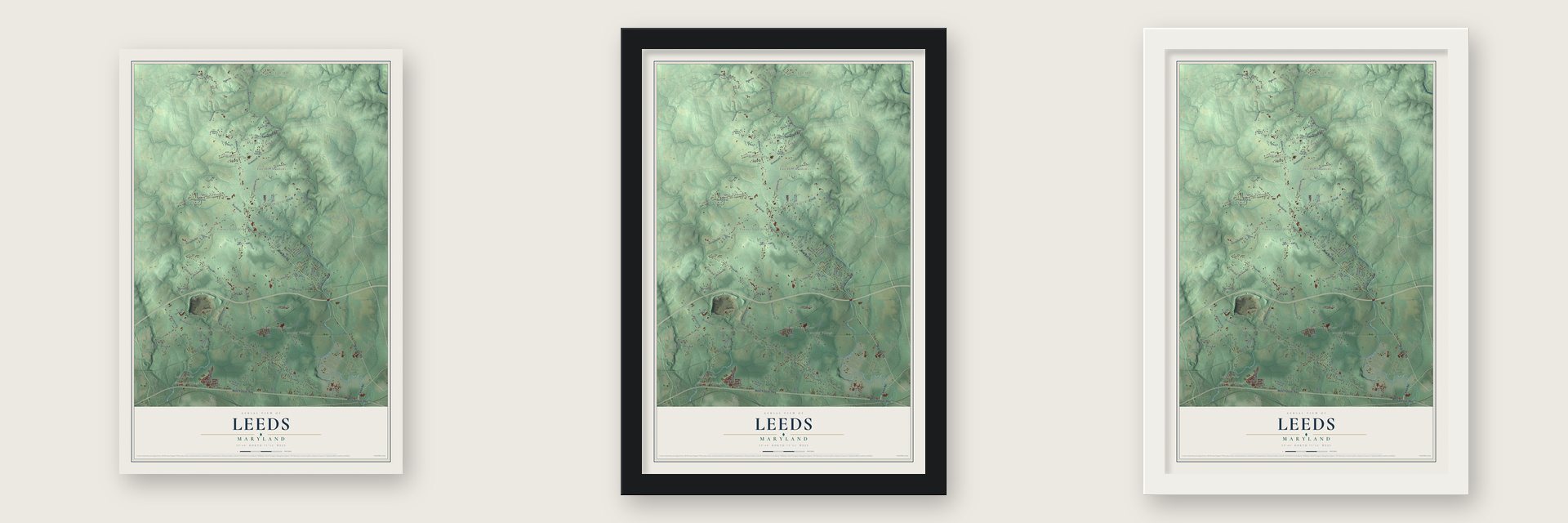 Leeds, Maryland map unframed, in a black wood frame and in a white wood frame